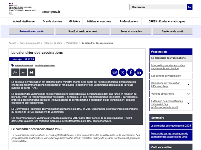 Ministère de la Santé : Calendrier des vaccinations